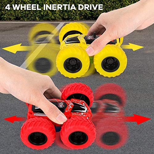 Shayson 2 Pack Friction Car Toys360° Rotation Pull Back Toy Cars, Double Side Inertia Push and Go Cars for kids