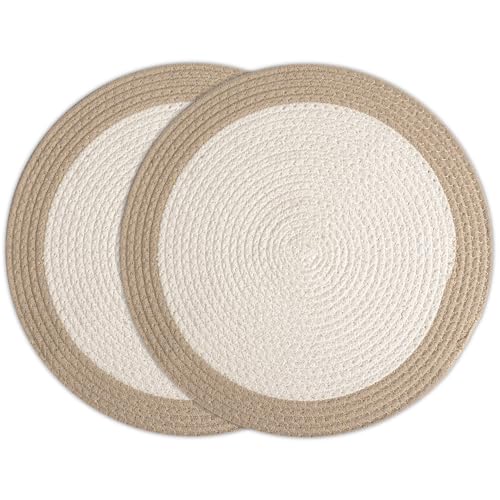 Image of Dining Table Mats Set of 2 | Cotton Table Mat 32 cm Diameter, Encasa XO Washable Round Table Mats, Heat Resistance Dining Table Placemats, Handmade Ribbed Style for Centre Table, Off White & Beige