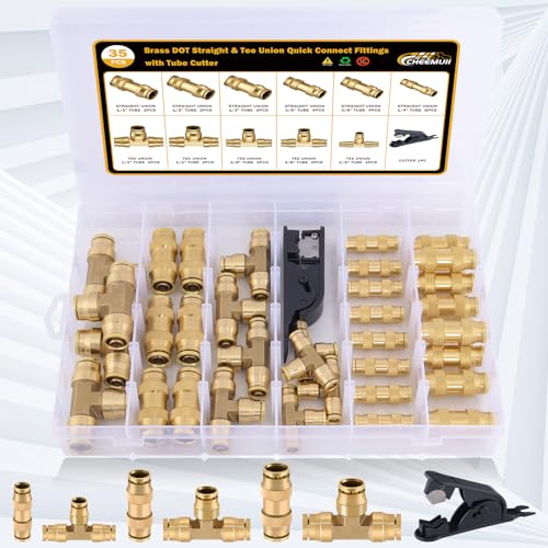Image of CheeMuii 35 PCS Brass DOT Air Line Fittings Kit 1 /4 3 /8 1 /2 DOT Quick Connect Air Fittings Straight & Tee Union Push to Connect Air Hose Fittings for Semi Truck Trailers Air Brake System