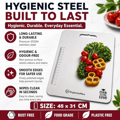 Image of OrganizeMee Stainless Steel Chopping Board Extra Large for Kitchen (45 X 31.2 CM) Kitchen Food Grade,Cutting Vegetable Chopper Board with Anti Skid Silicon & Anti Rust Platform Countertop Pad