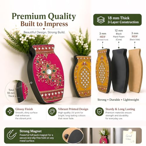 Image of Regalo Casila Magnetic Artificial Flower Vase Fridge Magnets Set of 2 Kundan Floral Mirror Work Indian Ethnic Art Refrigerator Kitchen Home Office Decor Housewarming Gift