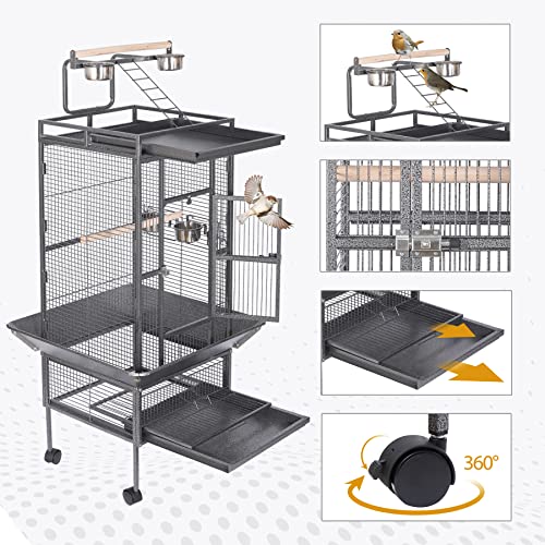 HSM 62 Inch Wrought Iron Large Bird Flight Cage with Rolling Stand for African Grey Parrot Cockatiel Sun Parakeet Conure Lovebird Canary… by HSM - Image 6