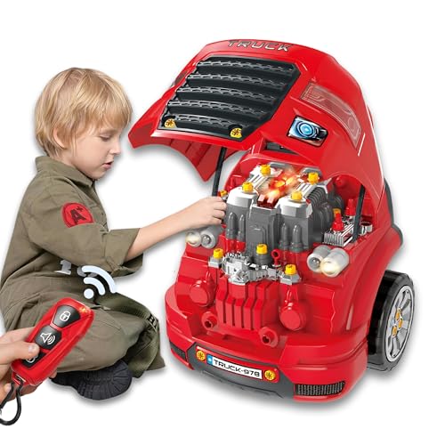 OLEOCA Large Truck Engine Toy — Interactive Steering Wheel, Engine Building Kit & Kids Mechanic Tool Set with Light & Sound – 56 PCS Take Apart Toys for Boys Ages 3+
