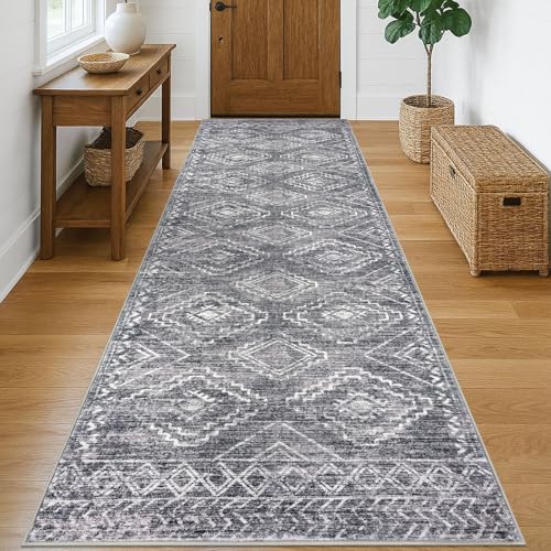 KILOCOCO Hallway Runner Rug 3'x10' Runners for Hallways Washable Runner Rug Non Slip Rubber Backed Low-Pile Runners for Bedroom Kitchen Living Room Laundry Room Boho Rugs, Grey