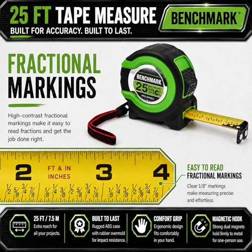 3 Pack - Tape Measures 25 ft - Easy to Read Fractions to 1/8th inch - Magnetic Tip - Thumb and Quick Lock - Autowind - Belt Clip - Green - Measuring Tape Retractable - Image 4