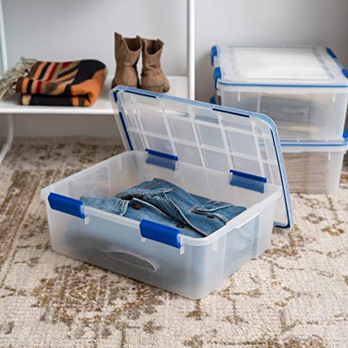 Iris Usa 26.5 Quart Weatherpro Plastic Storage Box With Durable Lid And Seal And Secure Latching Buckles, Clear With Blue Buckles, Weathertight, 3 Pack #TOP2