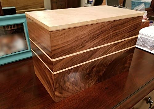 Walters Woodshop Modern Solid Wood Figured Burl American Black Walnut Cremation Urn with Birds Eye Maple Lid for an Adult Under 226 lbs