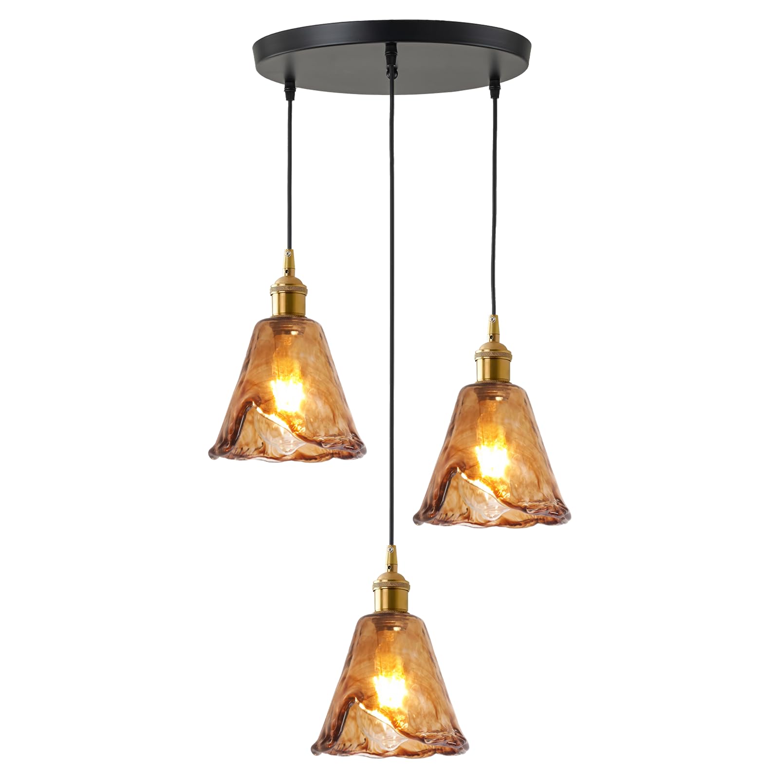 3-Light Hanging Light Vintage Amber Glass Pendant Light Fixtures Black Mid Century Style Farmhouse Chandelier for Over Table Kitchen Island, Nordic Suspended Lighting