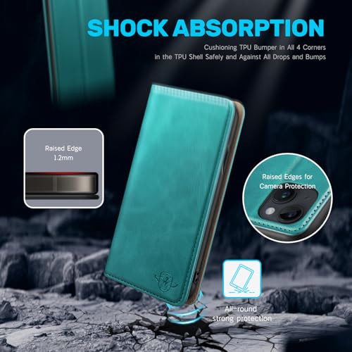 Etui RFID iPhone 15 antichoc avec support réglable en cuir bleu vert - 6