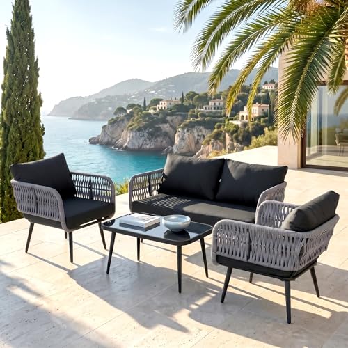 Image of BRISHI Outdoor Sofa Set || Balcony Sofa || Patio Furniture Sets | Conversation Sets | Braid & Rope Garden Seater Sofa Set and Center Table (4 Seater Black-Grey)