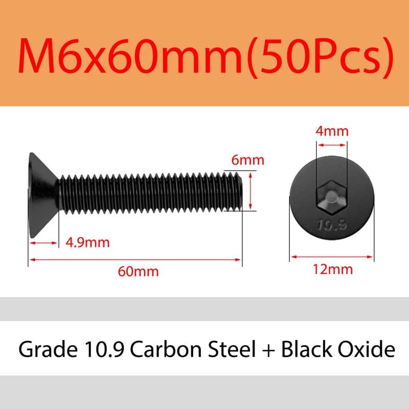 M6 x 60mm 50 Pcs Countersunk Bolts Grade 10.9 Carbon Steel Hex Socket Cap Screw Flat Head Allen Bolts Machine Screws Fasteners