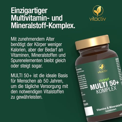 Vitactiv MULTI 50 plus - Multivitamin Komplex Menschen ab 50 - Vitamine, Mineralien, Spurenelemente - Vitamin B, C, E, K, D, Magnesium, Kalzium, Zink - Hochdosiert, Hormonfrei, ohne Jod - 60 Kapseln