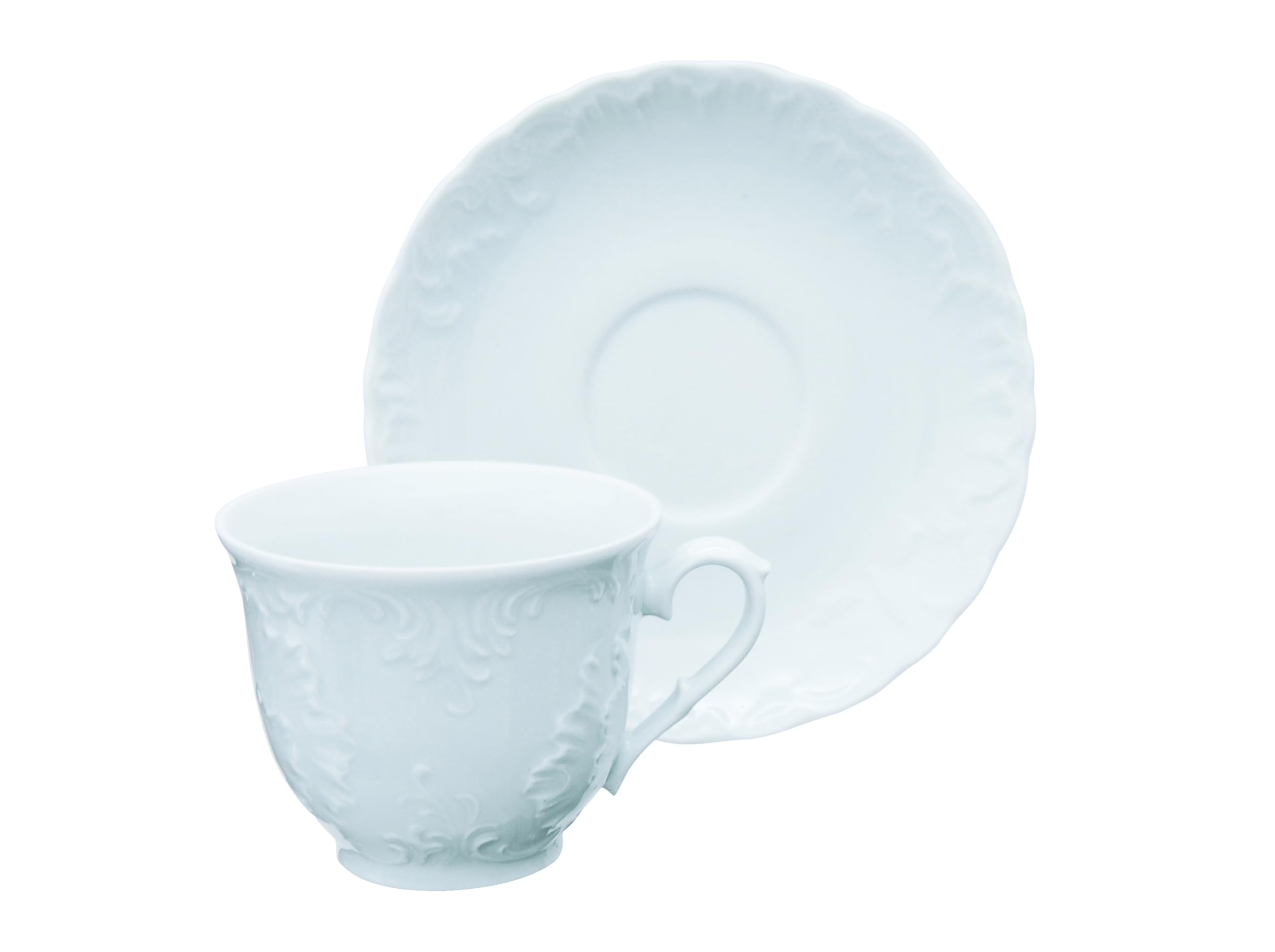 Excelsa Elisa Rococò zestaw 6 filiżanek do herbaty ze spodkiem, pojemność 210 ml, biały, porcelanowy, wytłaczany wystrój