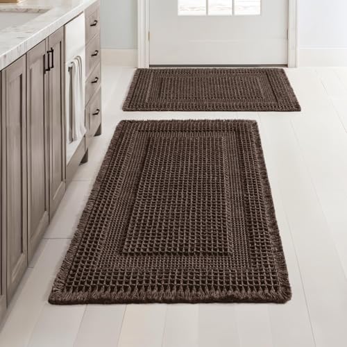 MIULEE Set of 2 Waffle Bathroom Rugs Chocolate Boho Bath Mat 17x24+18x30 in