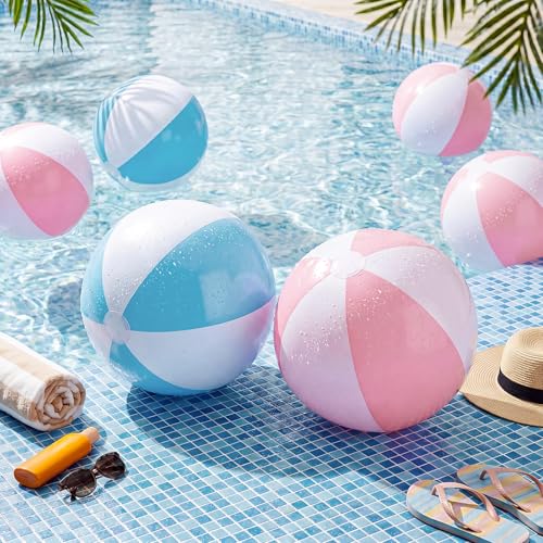 MiniInflat 12 Pcs 16 Inch Inflatable Beach Balls Bulk Jumbo Pastel Inflatable Decorated Ball with Macaron Color PVC Party Ornaments for Adults Kids Summer Birthday Party Decoration (Pink,Blue) by MiniInflat - Image 5