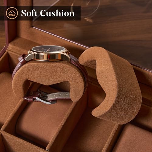 ProCase Uhrenbox mit 8 Fächern, 2 Ebenen Uhrenkasten mit Glasdeckel, Uhrenkoffer mit herausnehmbaren Uhrenkissen, Uhrenschatulle für Schmuck- Espresso
