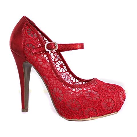 566/107 Women's Lace Embellished Platform High Heel Mary Jane Bridal Wedding Evening Party Court Shoes 3-8 (Red, Numeric_7) Cover