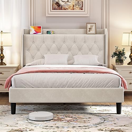 koorlian Full Size Bed Frame, Full Bed Frame with Headboard, Adjustable Velvet Upholstered Bed Frame with Type-C&USB Port, Wingback Storage Headboard, Solid Wood Slats Support, Noiseless, Beige