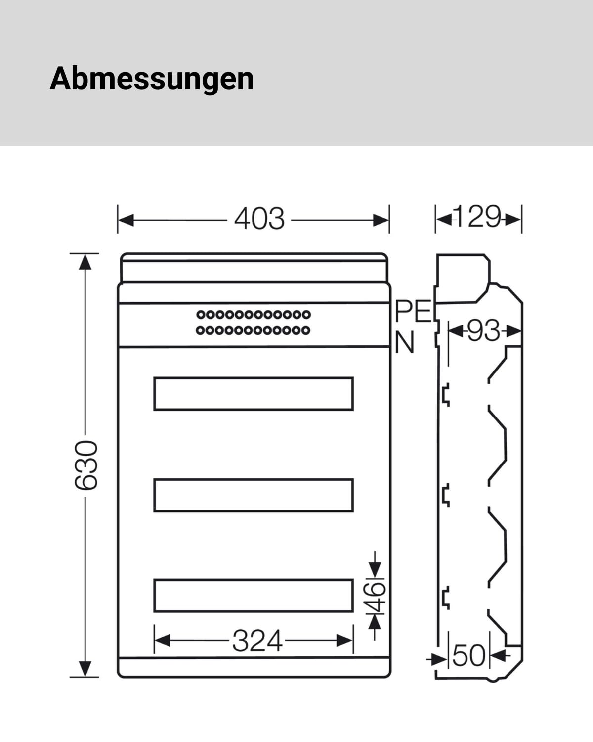 Hensel KV 3554 poliestiren IP54 Electrical Enclosure - Electrical Enclosures (403 mm, 129 mm, 630 mm, 4,59 kg) | Caja de distribución para ambientes húmedos de 3 filas, carcasa compacta para vivienda y comercio