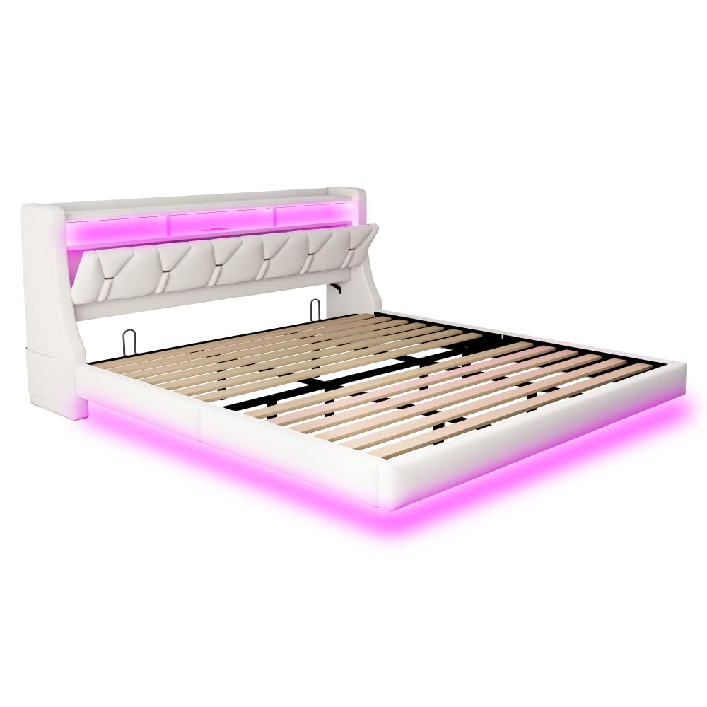Letto matrimoniale 180 x 200 cm, con prese e illuminazione LED, testiera imbottita con contenitore, letto una piazza e mezza, gambe extra larghe, design letto sospeso, velluto, beige
