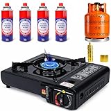 Camping Gas Portatil, Adaptador de Bombona, Hornillo + 4 Cartuchos, Hornillo Camping Gas Portátil, Cocina, Infernillo, Fogareiro (Horno+Adaptador bombona+4Botellas) (Hornillo+4Recambios)