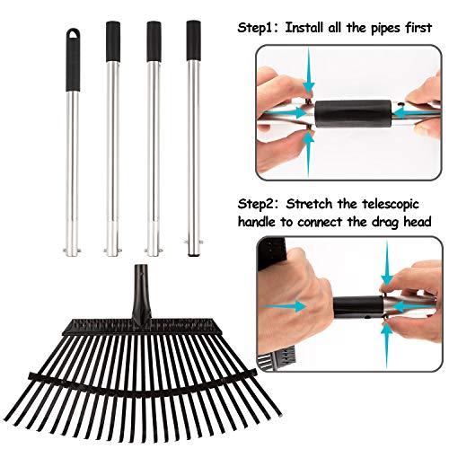 Yangbaga 63” Garden Leaf Rake 38”-63”Adjustable Garden Rake,25 tines, Metal Rake for Quick Clean Up of Lawn and Yard