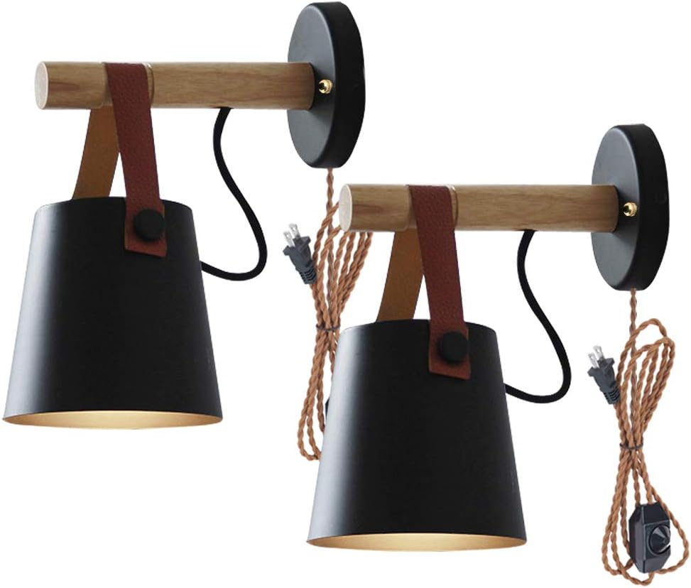 Kiven 2-Pack Iron Art Belt Wall Lamp UL Listed Plug-in Brown Weave Dimmable Cord Lighting Round Bucket Loft Style Wall Lamp for Bathroom Dining Room Cafe Bulbs Not Included (Black)