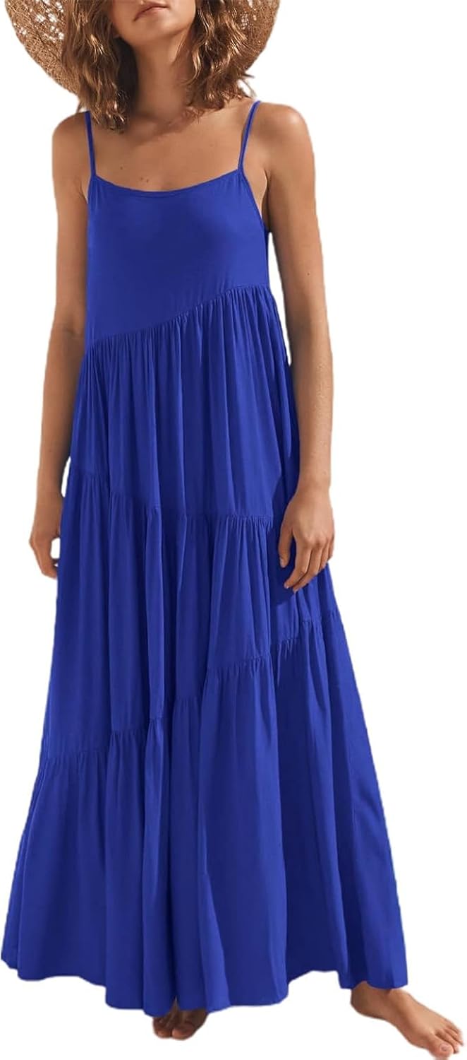 Chatinction Women Sleeveless Adjustable Spaghetti Strap Maxi Dress Summer Beach Swing Dress with Side Zipper Royal Blue M - Image 3