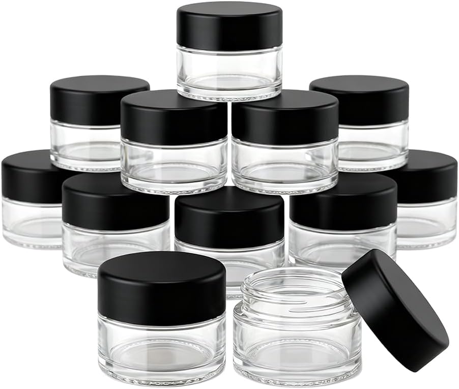 12 Pcs 5 Grams Small Glass Cosmetic Jars with Lids, 5ml Reusable Lip Balm Containers, Empty Sample Jars for Makeup Lotion Eye Cream Spice (Wood-Grain Lid)