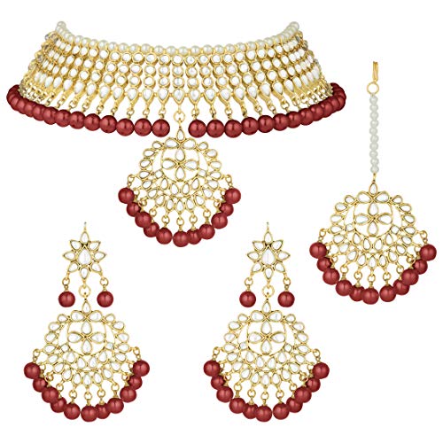 Aheli Faux Kundan Beaded Necklace with Earrings & Maang Tikka Indian Bollywood Ethnic Jewelry Set for Women