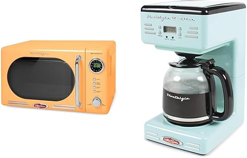 Nostalgia Horno microondas compacto retro para encimera, 0.7 pies cúbicos y cafetera programable retro de 12 tazas con pantalla LED