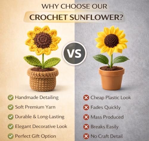 Image of PANCA Crochet Sunflower Pot - Artificial Sunflower for Office Desk, Car Dashboard & Home Decor | Handcrafted Yarn Flower in Pot, for Wedding, Bedroom (Sunflower in Brown Knitted Pot)