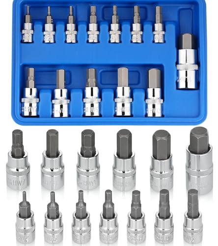 nutmanel Douilles à Six Pans, 13 pcs Jeu de Douilles à Embouts, Douille Allen Entraînement en Acier S2 Premium, Hex Douilles à Embouts Intérieurs, Métriques Taille de 2mm - 14mm 1/4 3/8 1/2