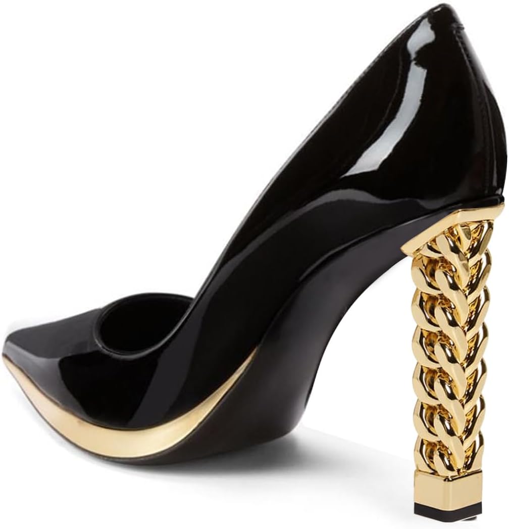 FSJ Women Chunky High Heels Pumps Closed Pointed Toe Slip On Golden Effect Metal Chain Heel Party Wedding Fashion Dress Shoes Size 4-16 US