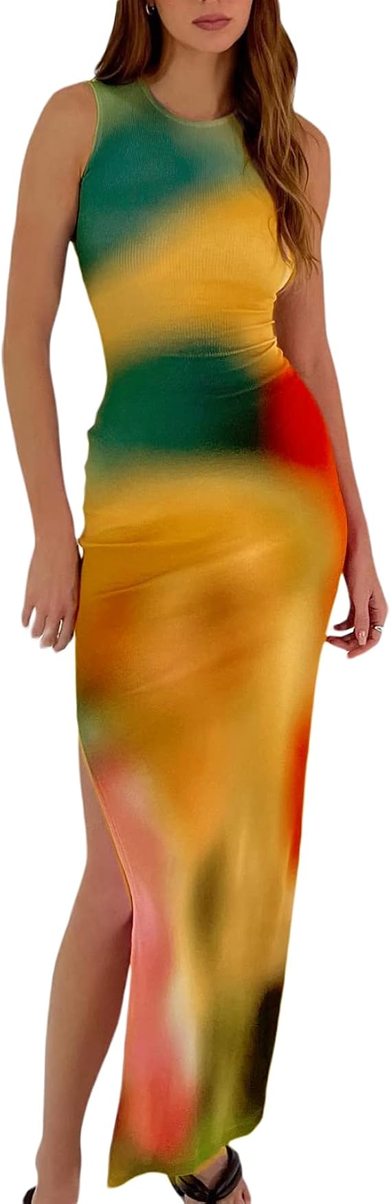 Women's Casual Tie-Dye Bodycon Maxi Dress Sleeveless Tank Wrap Split Beach Party Long Dresses
