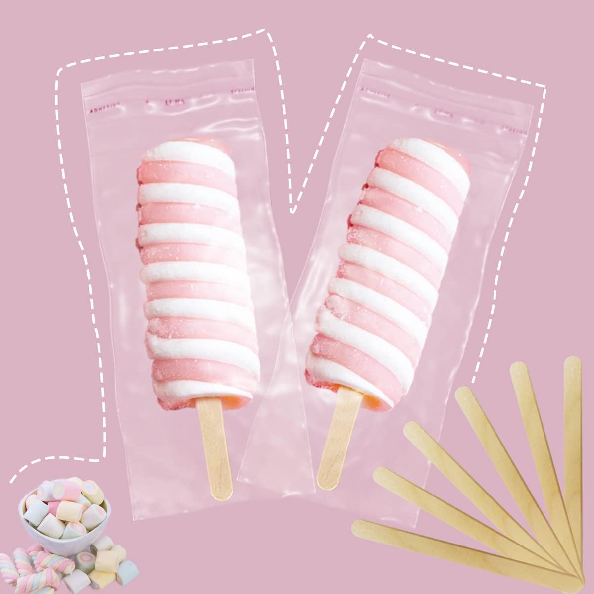 300 Pieces Popsicle Sticks and Bags Set Popsicle Wrappers Self Seal Plastic Popsicle Bags Ice Cream Bags Wrapper with Popsicle Sticks Wooden thumbnail