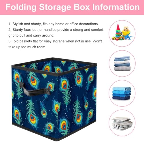 Boîte de rangement pliable bleu marine motif plumes de paon