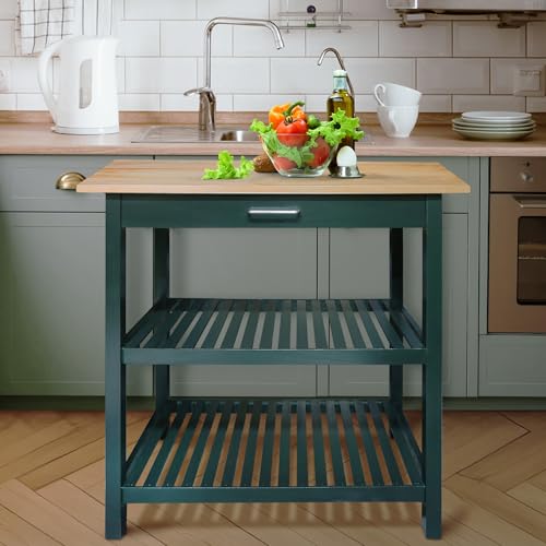 Kitchen Island with Solid Wood Top, Natural/Hunter Green by Casual Home - Image 2