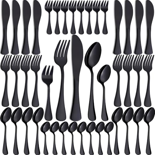 PionStar 40-teiliges Besteckset Schwarz, Edelstahl Besteck Set 8 Personen - Enthält Messer, Gabeln, Löffel, Teelöffel, Kuchengabeln,...