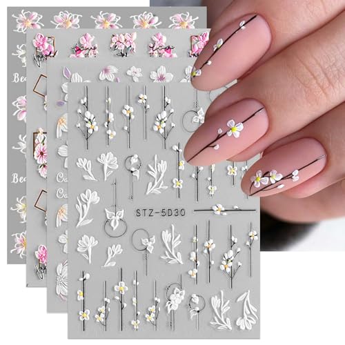 3D Embossed Spring Flower Nail Art Stickers Decals Self-Adhesive 5D Floral Nail Supplies Nail Art Design Decoration Accessories 4 Sheets