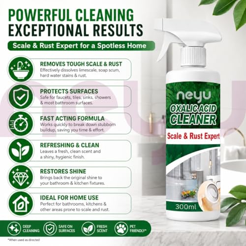 Image of NEYU Oxalic Acid Cleaner Spray for Bathroom, Toilet & Hard Water Stain Removal | Multipurpose Foam Cleaner for Tap, Tiles, Chimney Oil & Grease Remover 300ml (2 Piece)