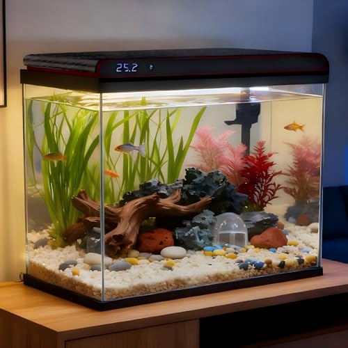 Coospider 20 Gallon Fish Tank, Glass Aquarium Starter Kit, with Ultra-Quiet Filter Pump, 3-Color LED Lights, Self-Cleaning Aquarium with Temp Monitoring for Betta Fish, Shrimp, Kids Gift Idea