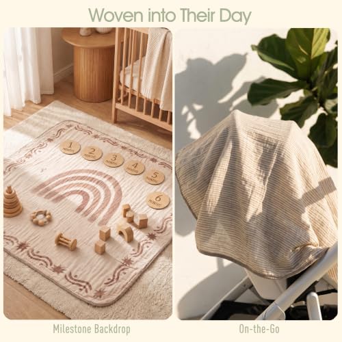 Image of Ultra Soft Muslin Baby Blanket - Made with Organic Cotton, Reversible Rainbow Print & Coffee Striped Jacquard, Swaddle & Crib Quilt, 43x43 Inches (Rainbow Border)