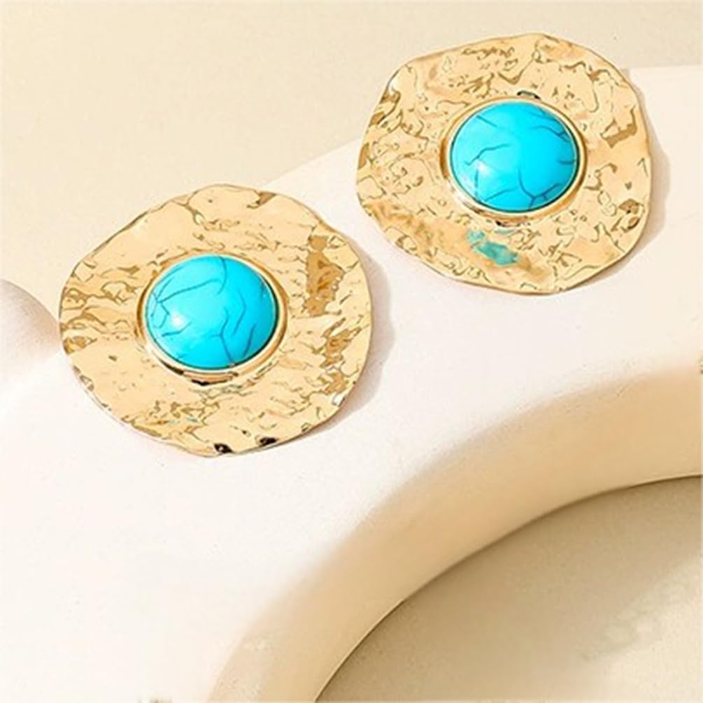 Gold Chunky Large Hammered Disc Turquoise Stud Earrings for Women Statement, Bohemia Vintage Big Circle Pearl Earring Trendy Western Party Jewelry Gift - Image 8