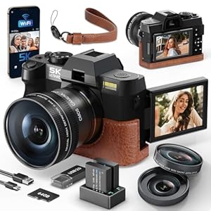5K&64MP Digital Camera for Photography & Video, 16X Zoom, WiFi, 180° Flip Screen, Autofocus, Anti-Shake, Wide-Angle & Macro Lens, Built-In Fill Light, PU Leather Case, 64GB Card (Black)