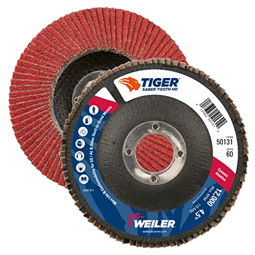 Image of Weiler 50131 Saber Tooth 7 /8 inch Arbor, 4-1 /2 inch Diameter, 60 Grit, Ceramic, Phenolic Backing, Flat High Density Abrasive Flap Disc
