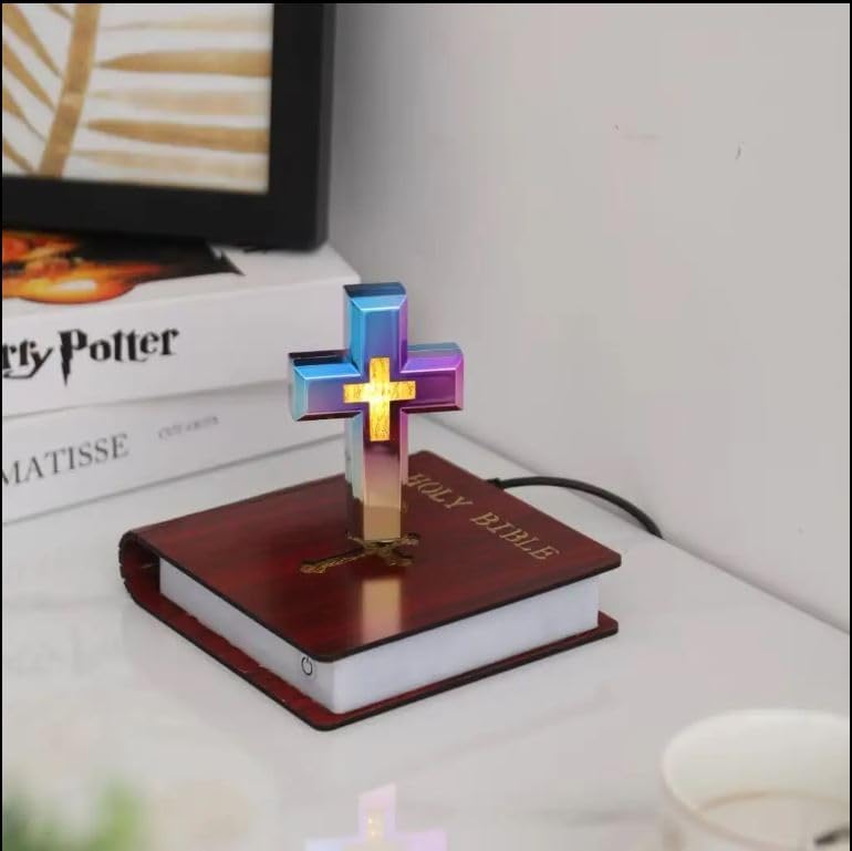 Christian Levitating Cross Lamp, Magnetic Levitating Cross Lamp Bible Nightlight, Cross Decoration with Glowing Base