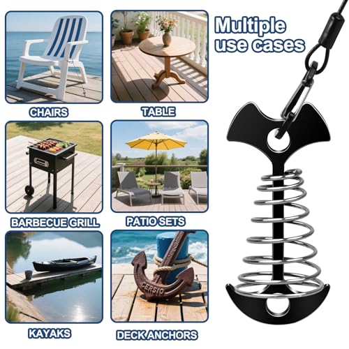 4 Set Strong Outdoor Furniture Deck Anchor Deck or Dock Anchor for Gap Between Boards-Marine Grade Fishbone Deck Anchor Pegs with Carabiner Cable-Easy Relocate Chair Table Chaise - Thumbnail 6