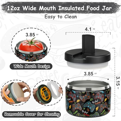 12oz Insulated Vacuum Food Jar with Buckle Lid Wide Mouth Soup Thermo for Hot Food Kids Leakproof Stainless Steel Lunch Container (Black-Game)