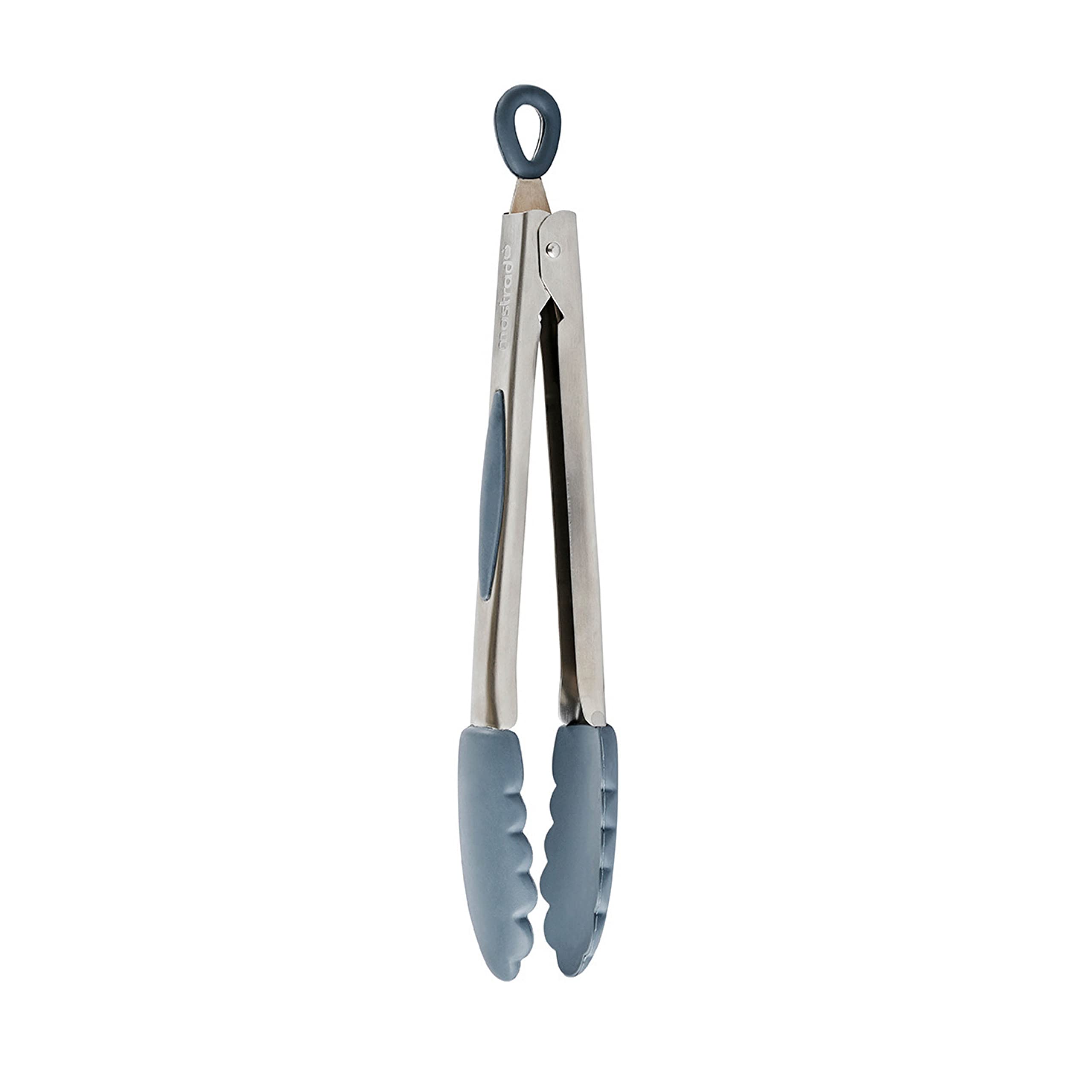 MASTRAD F16814 - Pinza multiuso da cucina con piedini antiscivolo e manico in acciaio inox, punte in silicone, non graffiano le casseruole, gancio di sospensione, colore: grigio